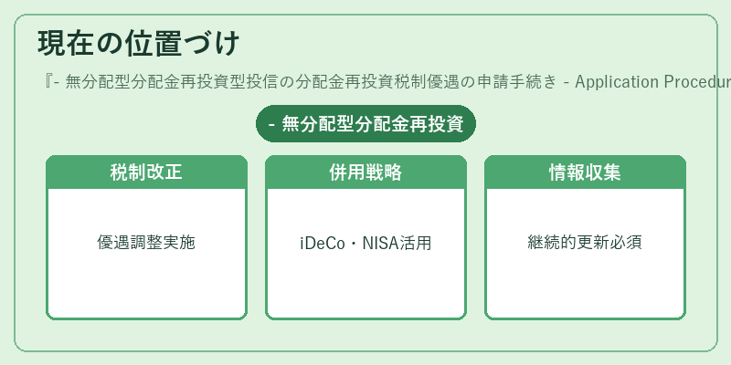現在の位置づけ（- 無分配型分配金再投資型投信の分配金再投資税制優遇の申請手続き - Application Procedure for Reinvestment Tax Incentive for Non‑Dividend Distribution Reinvestment Mutual Fund）の図解