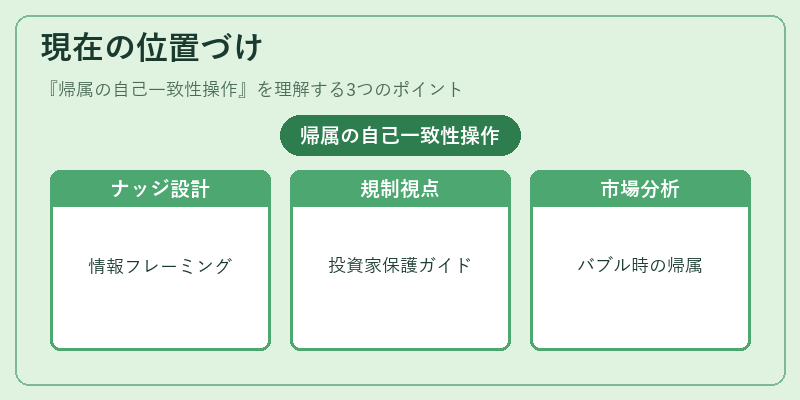 現在の位置づけ（帰属の自己一致性操作）の図解
