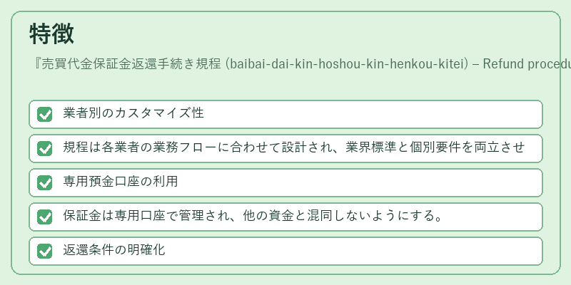 特徴（売買代金保証金返還手続き規程 (baibai‑dai‑kin‑hoshou‑kin‑henkou‑kitei) – Refund procedure regulation）の図解