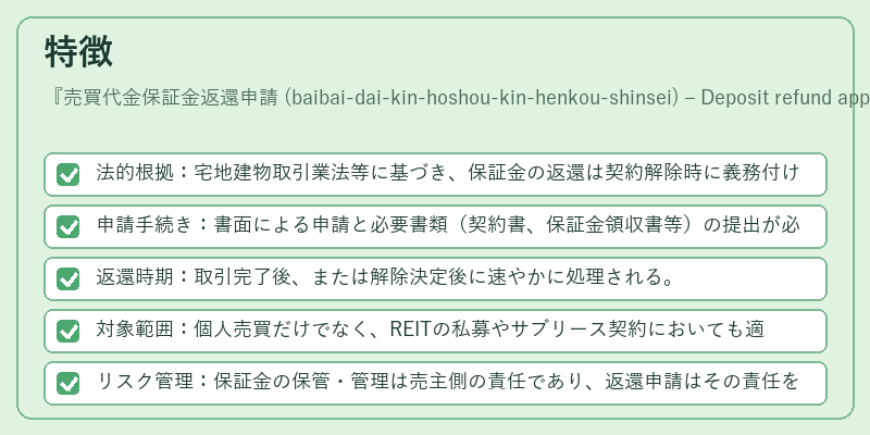 特徴（売買代金保証金返還申請 (baibai‑dai‑kin‑hoshou‑kin‑henkou‑shinsei) – Deposit refund application）の図解