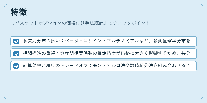 特徴（バスケットオプションの価格付け手法統計）の図解