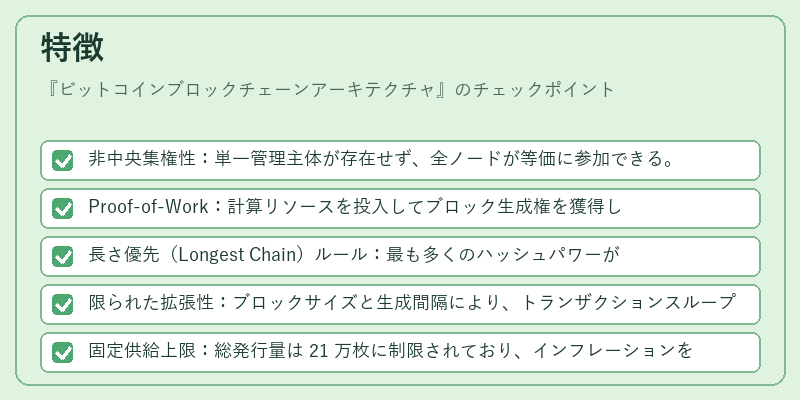 特徴(ビットコインブロックチェーンアーキテクチャ)の図解