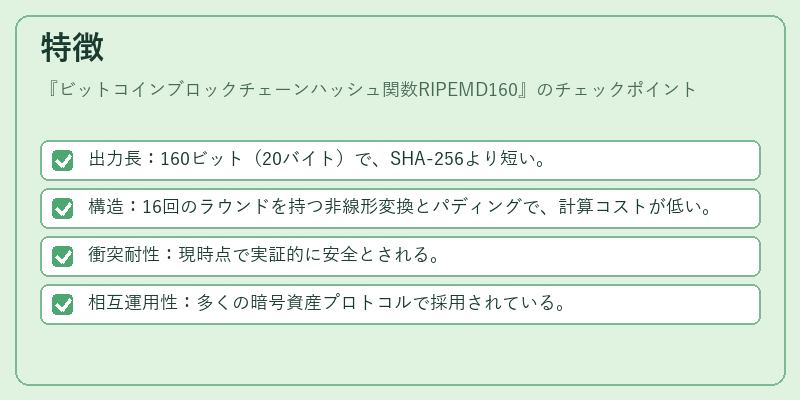 特徴(ビットコインブロックチェーンハッシュ関数RIPEMD160)の図解