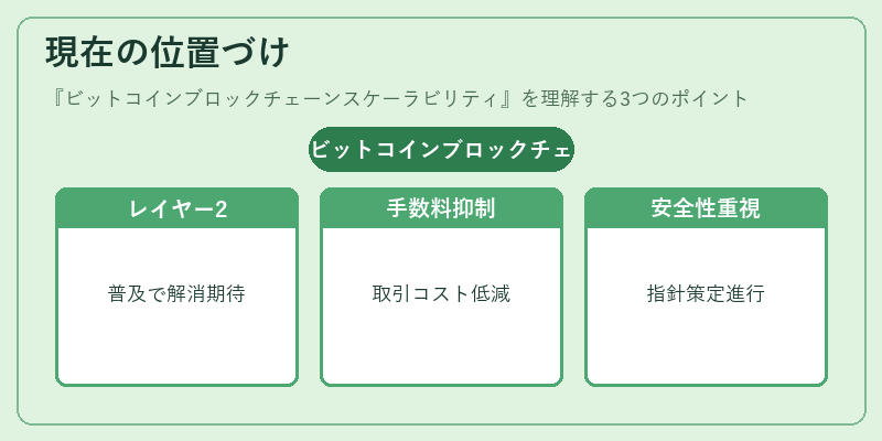 現在の位置づけ（ビットコインブロックチェーンスケーラビリティ）の図解