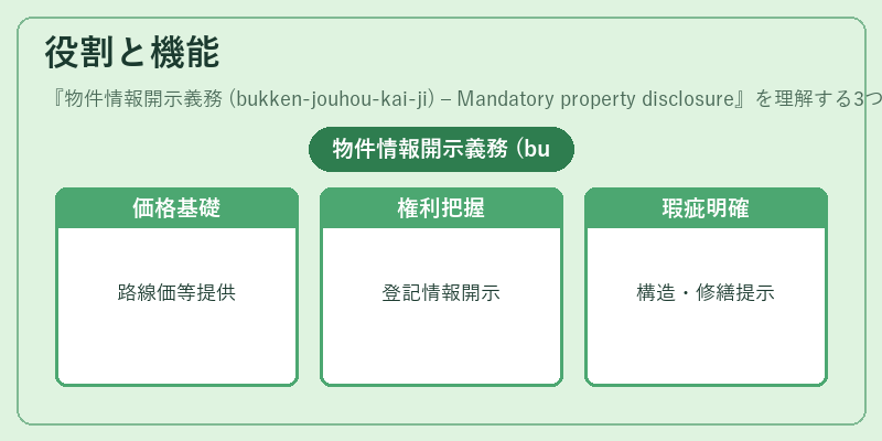 役割と機能（物件情報開示義務 (bukken‑jouhou‑kai‑ji) – Mandatory property disclosure）の図解