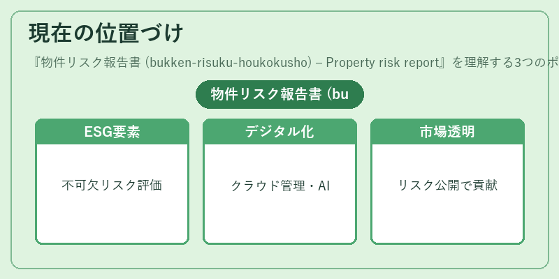 現在の位置づけ（物件リスク報告書 (bukken‑risuku‑houkokusho) – Property risk report）の図解