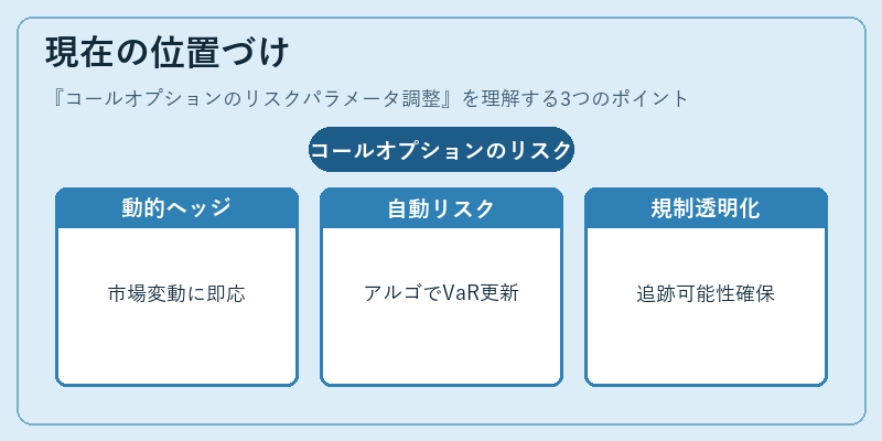 現在の位置づけ（コールオプションのリスクパラメータ調整）の図解