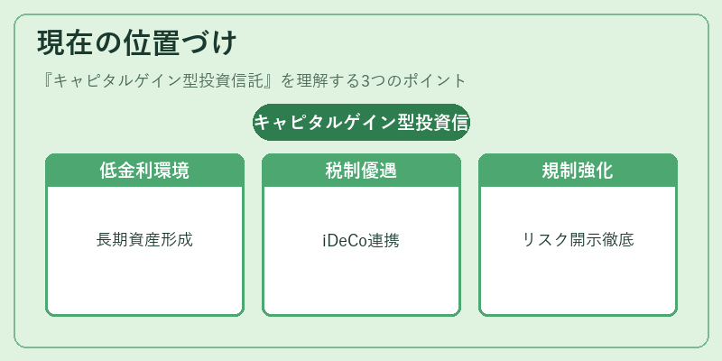 現在の位置づけ（キャピタルゲイン型投資信託）の図解