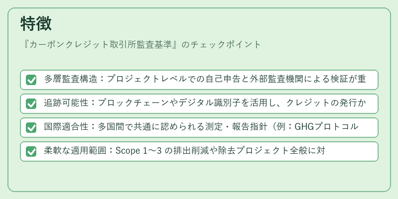 特徴（カーボンクレジット取引所監査基準）の図解