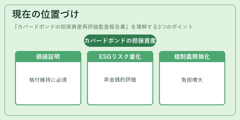現在の位置づけ（カバードボンドの担保資産再評価監査報告書）の図解