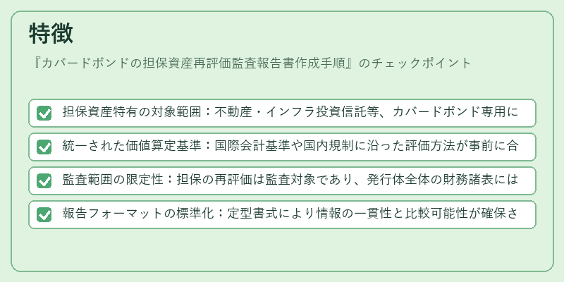 特徴（カバードボンドの担保資産再評価監査報告書作成手順）の図解