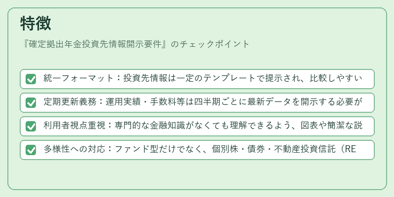 特徴（確定拠出年金投資先情報開示要件）の図解