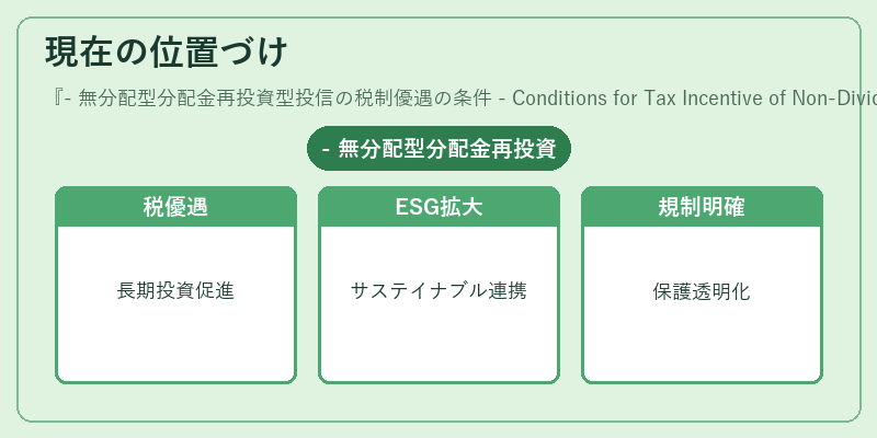 現在の位置づけ（- 無分配型分配金再投資型投信の税制優遇の条件 - Conditions for Tax Incentive of Non‑Dividend Distribution Reinvestment Mutual Fund）の図解