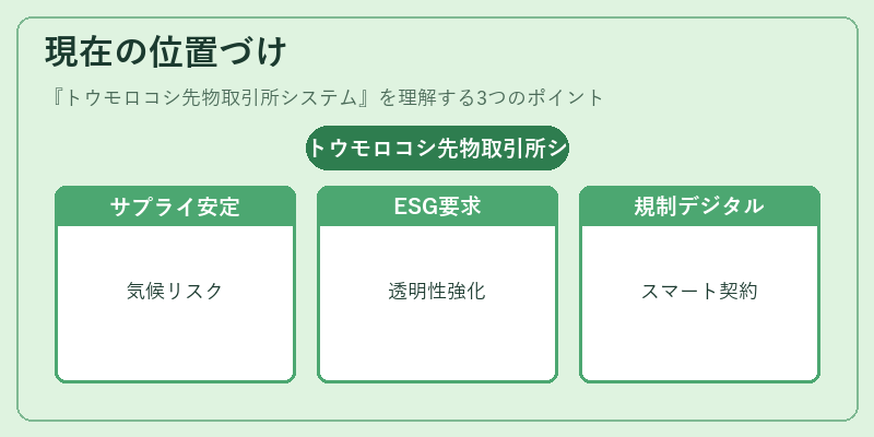 現在の位置づけ（トウモロコシ先物取引所システム）の図解