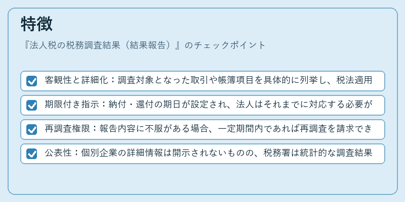 特徴（法人税の税務調査結果（結果報告））の図解