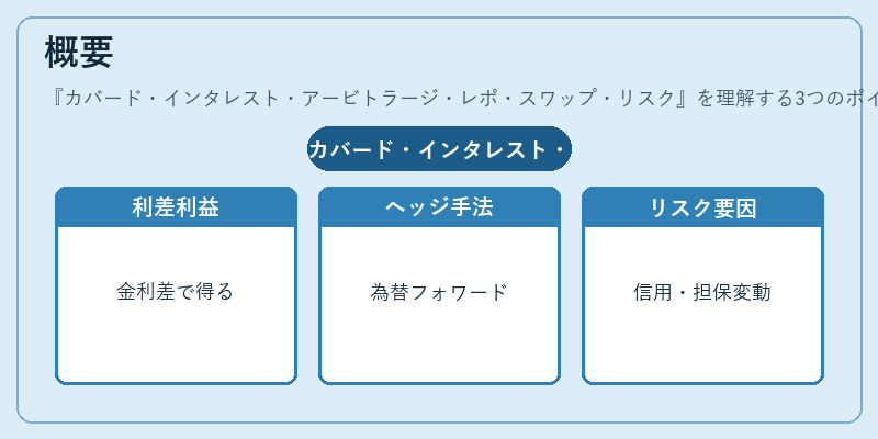 概要（カバード・インタレスト・アービトラージ・レポ・スワップ・リスク）の図解