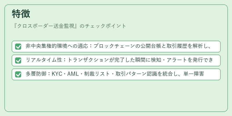 特徴（クロスボーダー送金監視）の図解