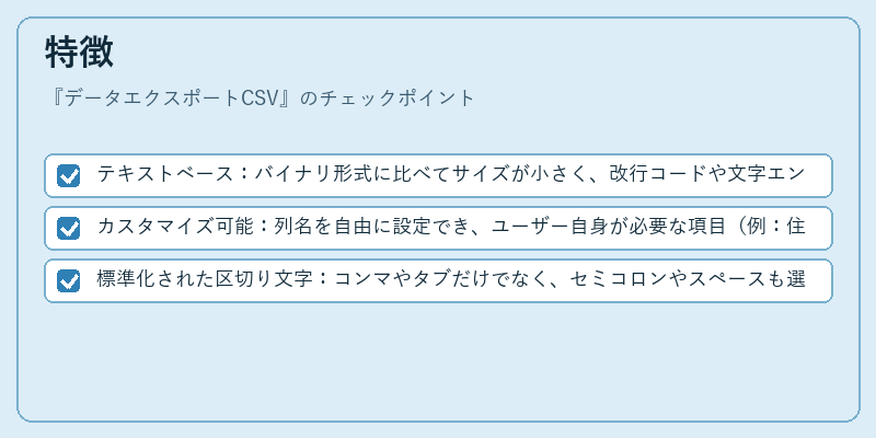 特徴（データエクスポートCSV）の図解