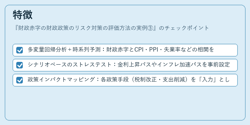 特徴（財政赤字の財政政策のリスク対策の評価方法の実例③）の図解