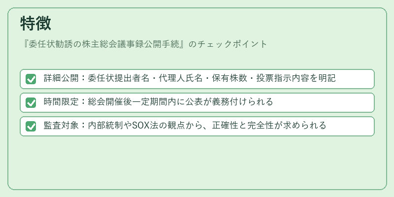 特徴（委任状勧誘の株主総会議事録公開手続）の図解