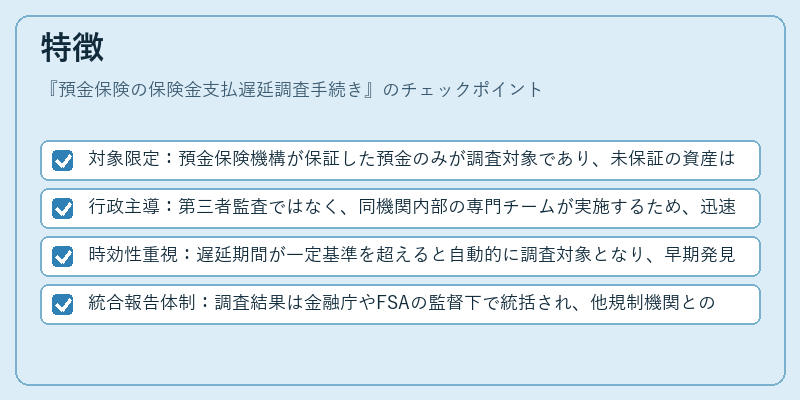 特徴（預金保険の保険金支払遅延調査手続き）の図解
