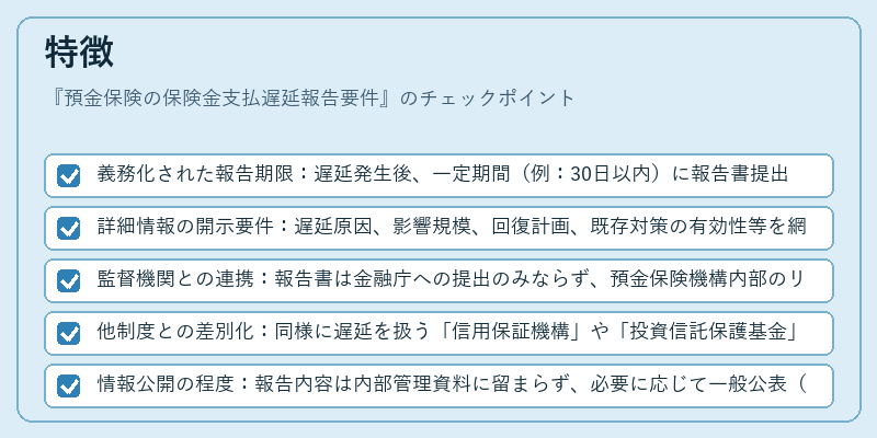 特徴（預金保険の保険金支払遅延報告要件）の図解
