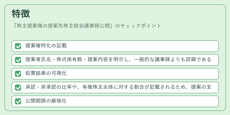 特徴（株主提案権の提案先株主総会議事録公開）の図解