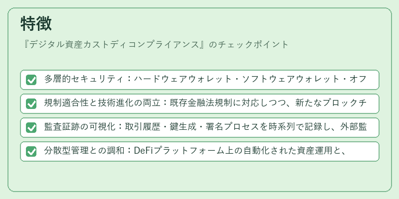 特徴（デジタル資産カストディコンプライアンス）の図解