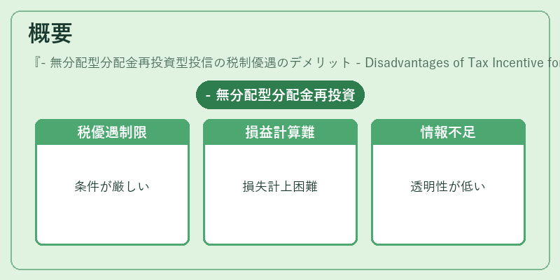 概要（- 無分配型分配金再投資型投信の税制優遇のデメリット - Disadvantages of Tax Incentive for Non‑Dividend Distribution Reinvestment Mutual Fund）の図解