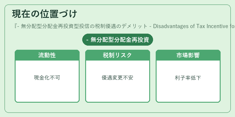 現在の位置づけ（- 無分配型分配金再投資型投信の税制優遇のデメリット - Disadvantages of Tax Incentive for Non‑Dividend Distribution Reinvestment Mutual Fund）の図解