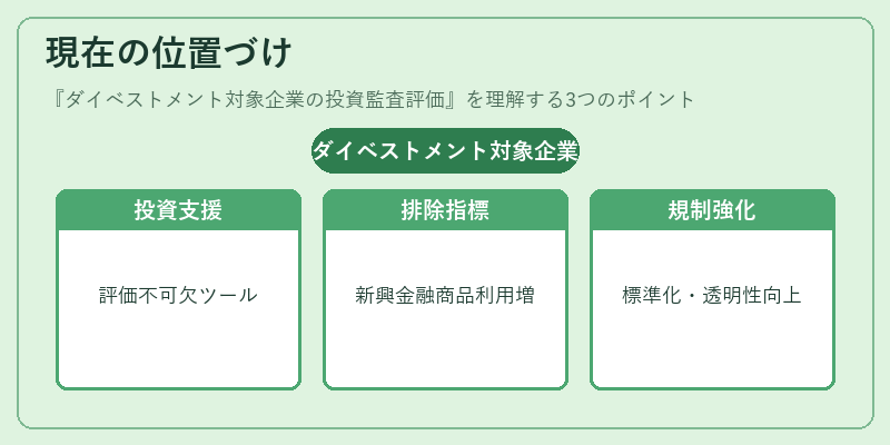 現在の位置づけ（ダイベストメント対象企業の投資監査評価）の図解