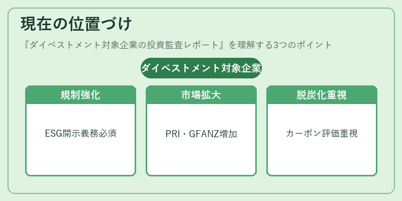現在の位置づけ（ダイベストメント対象企業の投資監査レポート）の図解