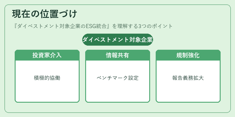 現在の位置づけ（ダイベストメント対象企業のESG統合）の図解