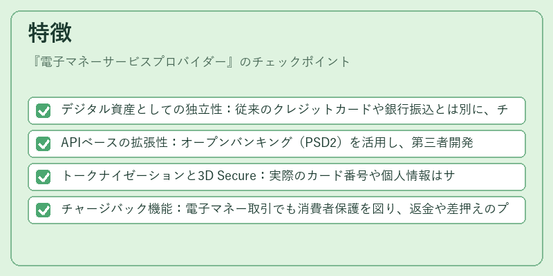 特徴（電子マネーサービスプロバイダー）の図解