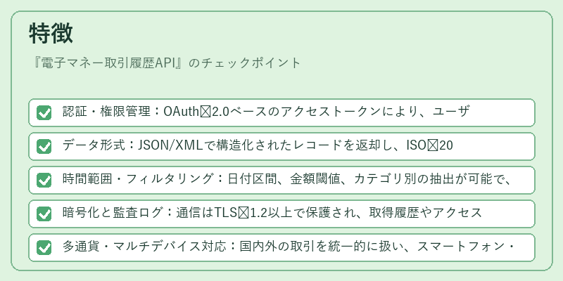 特徴（電子マネー取引履歴API）の図解