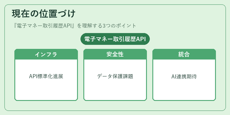 現在の位置づけ（電子マネー取引履歴API）の図解