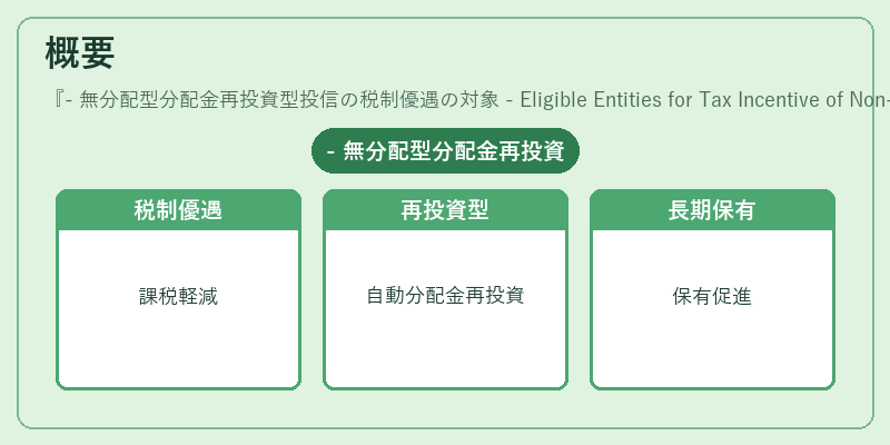概要（- 無分配型分配金再投資型投信の税制優遇の対象 - Eligible Entities for Tax Incentive of Non‑Dividend Distribution Reinvestment Mutual Fund）の図解