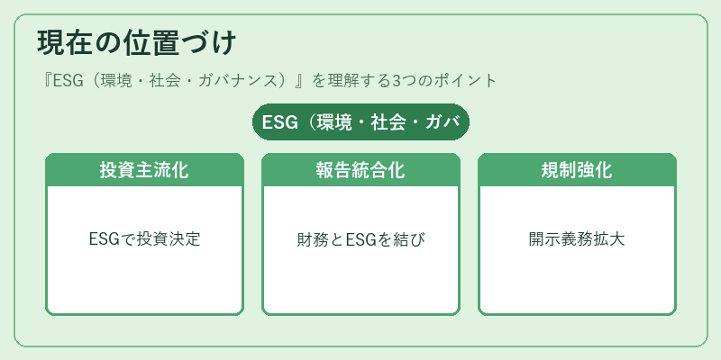 現在の位置づけ(ESG(環境・社会・ガバナンス))の図解