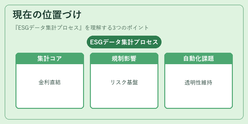 現在の位置づけ（ESGデータ集計プロセス）の図解
