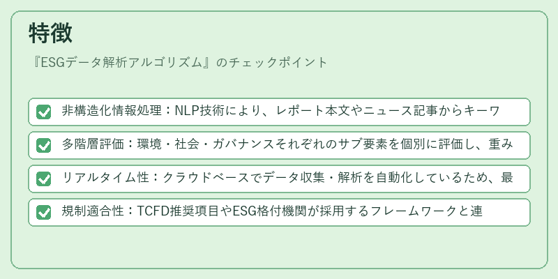 特徴（ESGデータ解析アルゴリズム）の図解