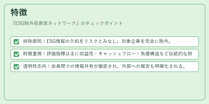 特徴（ESG除外投資家ネットワーク）の図解