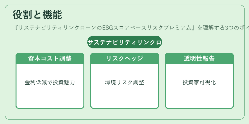 役割と機能（サステナビリティリンクローンのESGスコアベースリスクプレミアム）の図解
