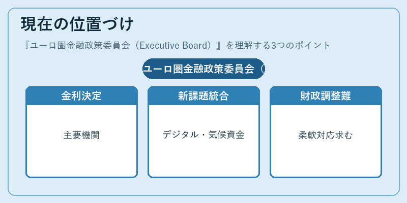 現在の位置づけ（ユーロ圏金融政策委員会（Executive Board））の図解