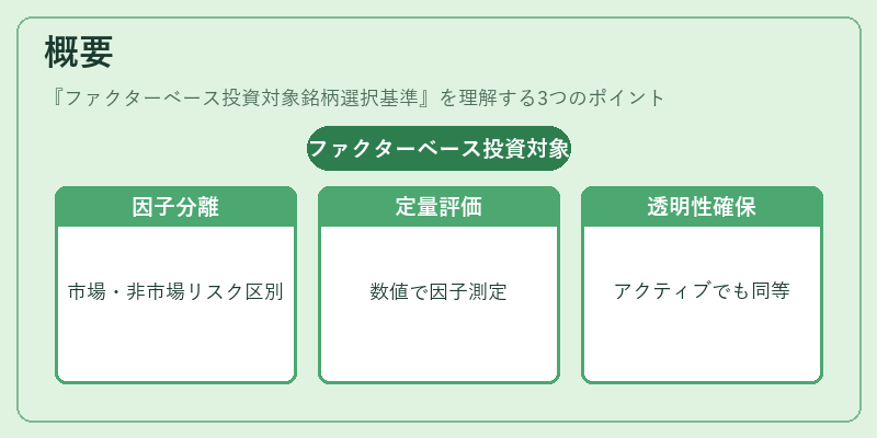概要（ファクターベース投資対象銘柄選択基準）の図解