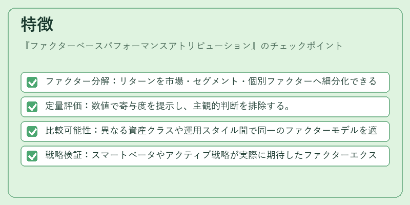 特徴(ファクターベースパフォーマンスアトリビューション)の図解