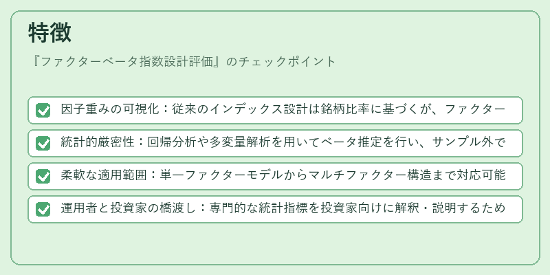 特徴（ファクターベータ指数設計評価）の図解