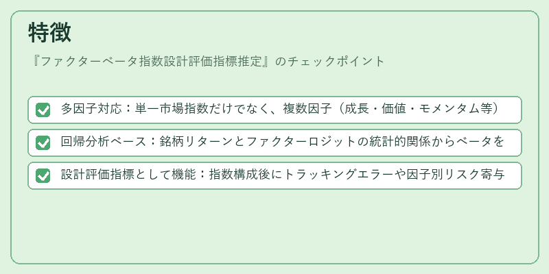 特徴（ファクターベータ指数設計評価指標推定）の図解