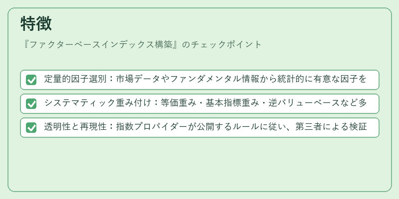 特徴（ファクターベースインデックス構築）の図解