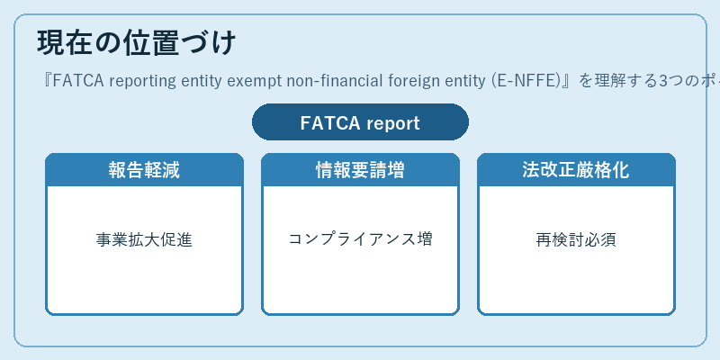 現在の位置づけ(FATCA reporting entity exempt non-financial foreign entity (E-NFFE))の図解