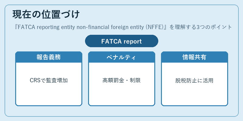 現在の位置づけ（FATCA reporting entity non-financial foreign entity (NFFE)）の図解